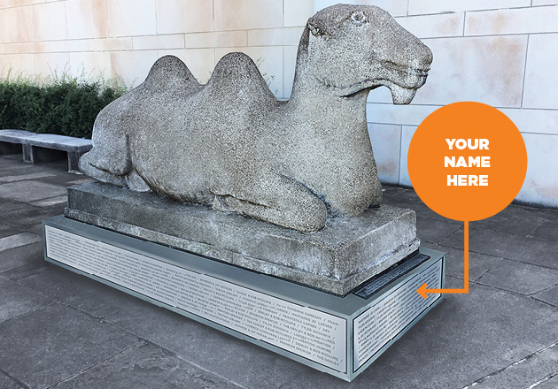 Rendering of Iconic Asian Art Museum camel with engraved names on pedastal